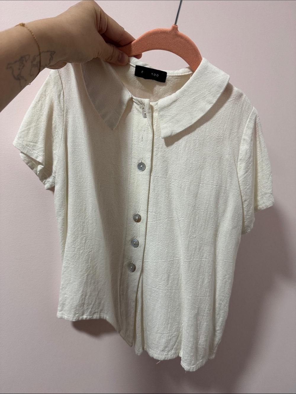 BAMBOO Cream Short Sleeve Button Down Shirt with Peter Pan Collar